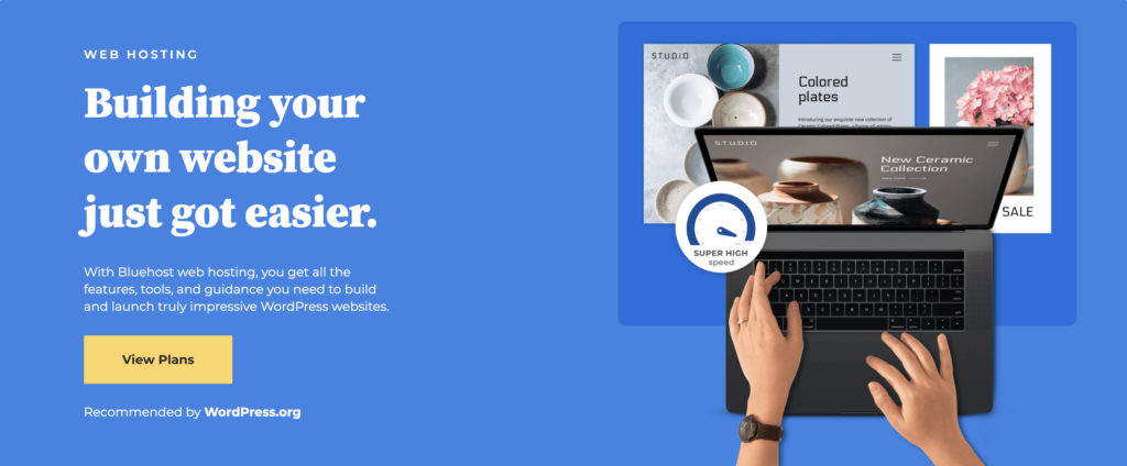 Bluehost web hosting advertisement showing a laptop with a display of ceramic products and a speed dial indicating 'super high speed', recommending WordPress.org.