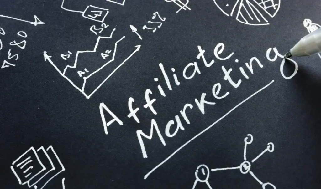 Visual depiction of affiliate marketing text on a black board