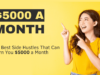 Excited woman in a yellow top pointing upwards to text that says '$5000 A MONTH' with a subtitle '19 Best Side Hustles That Can Earn You $5000 a Month' against a vibrant yellow background.